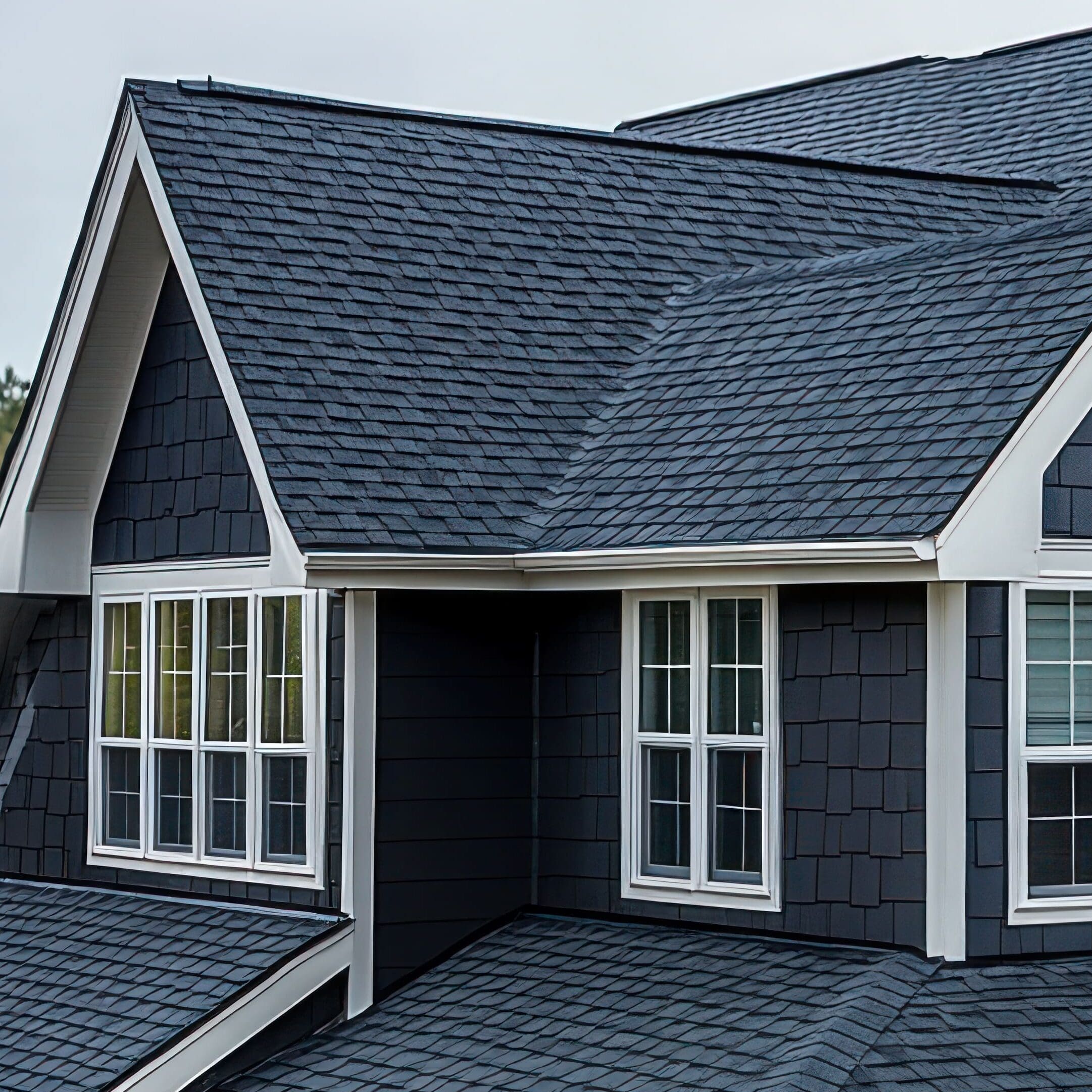 Dark gray shingle roof on a luxury house.