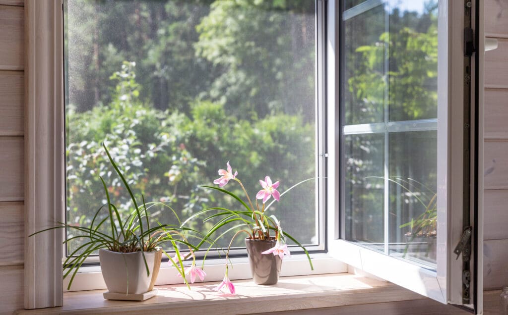 White window in a rustic wooden house overlooking the garden
